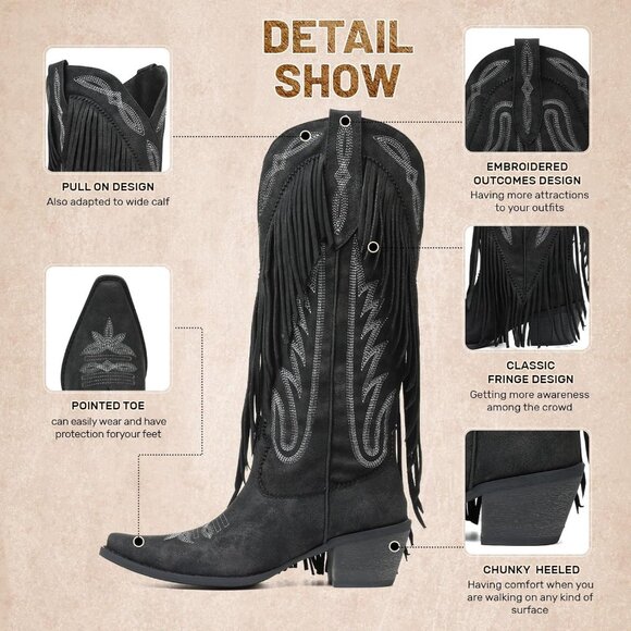 Women's Black Fringe Knee High Cowgirl Western Boots with Embroidery Pointed Toe - Picture 6 of 6